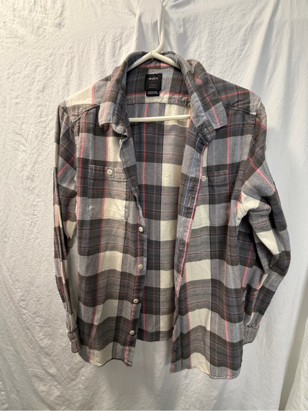 RVCA Men’s Gray and Pink Plaid Button-Down Shirt